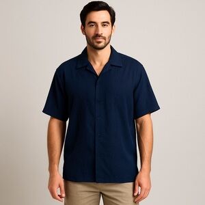 The Havanera Co Men’s L Navy Linen Coastal Embroidered Guayabera Shirt Vintage